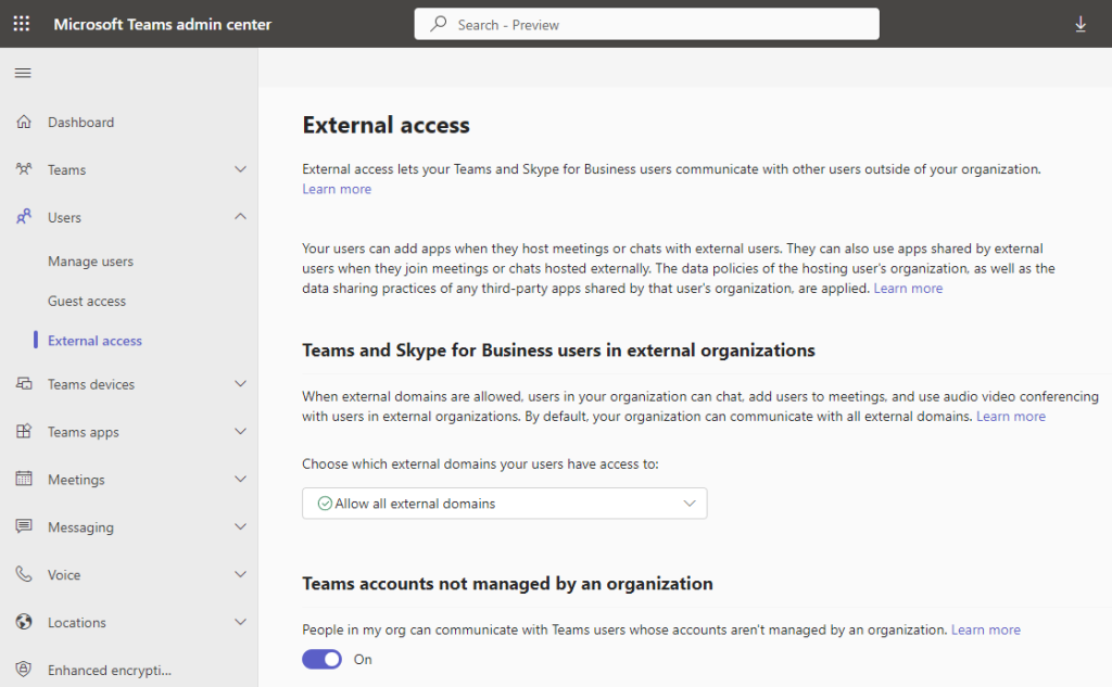 External access for communication with users from other organizations