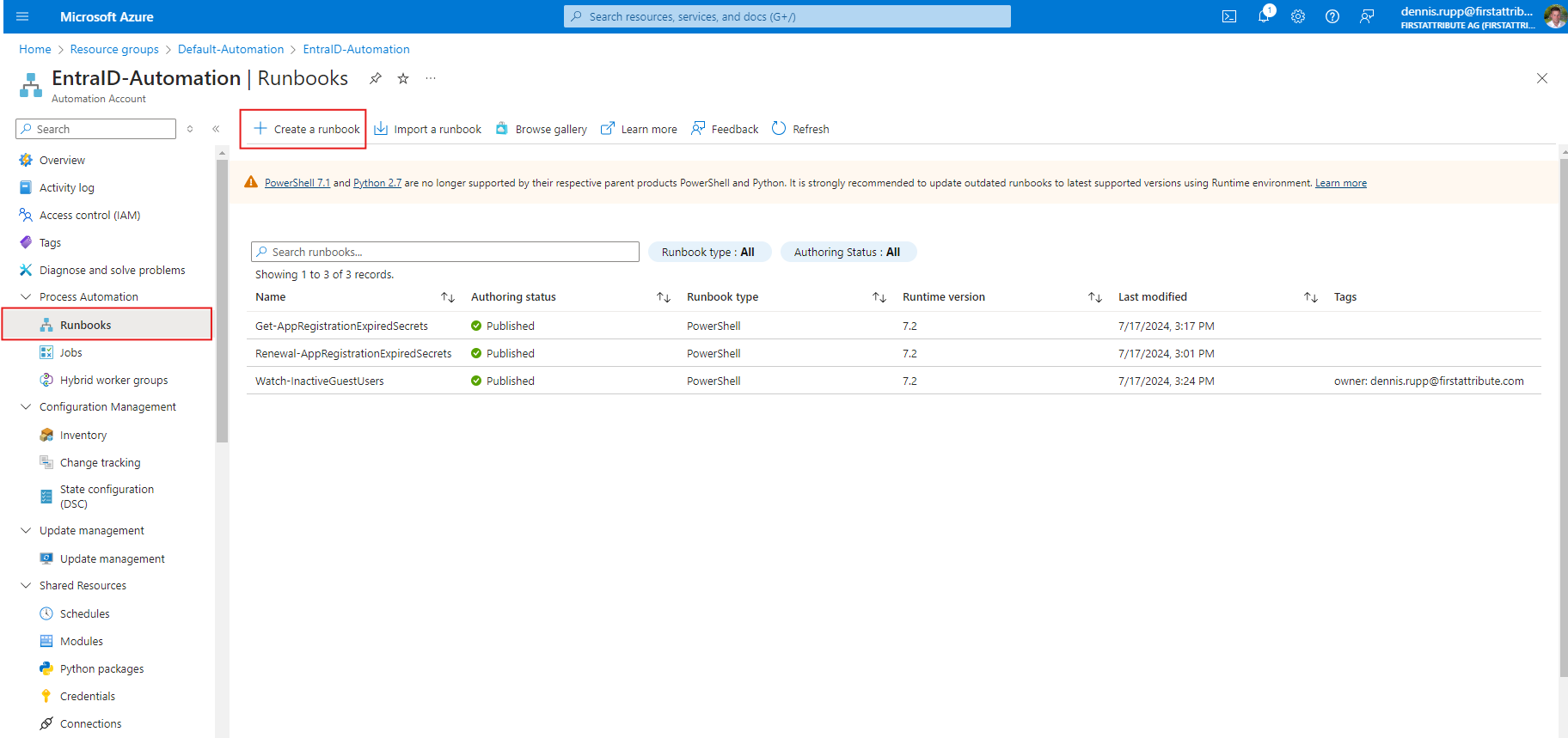 Create runbooks in Entra ID