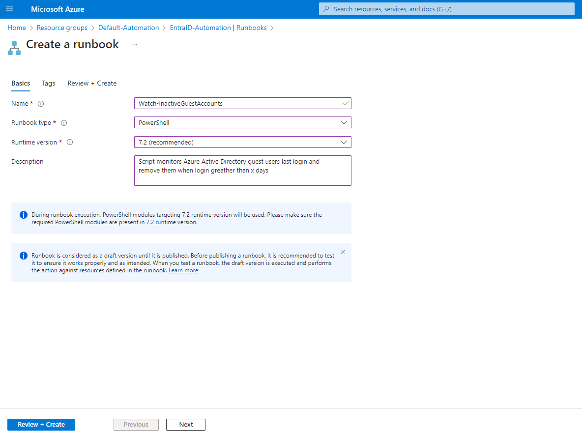 Create runbooks in Entra ID with inactive guest accounts. 