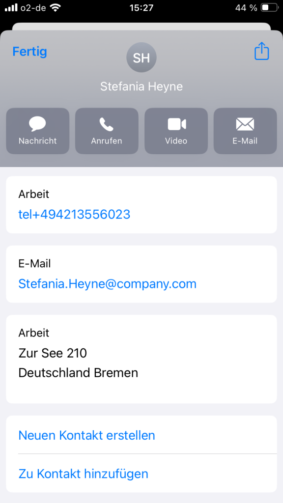 Integration der vCards auf dem Handy